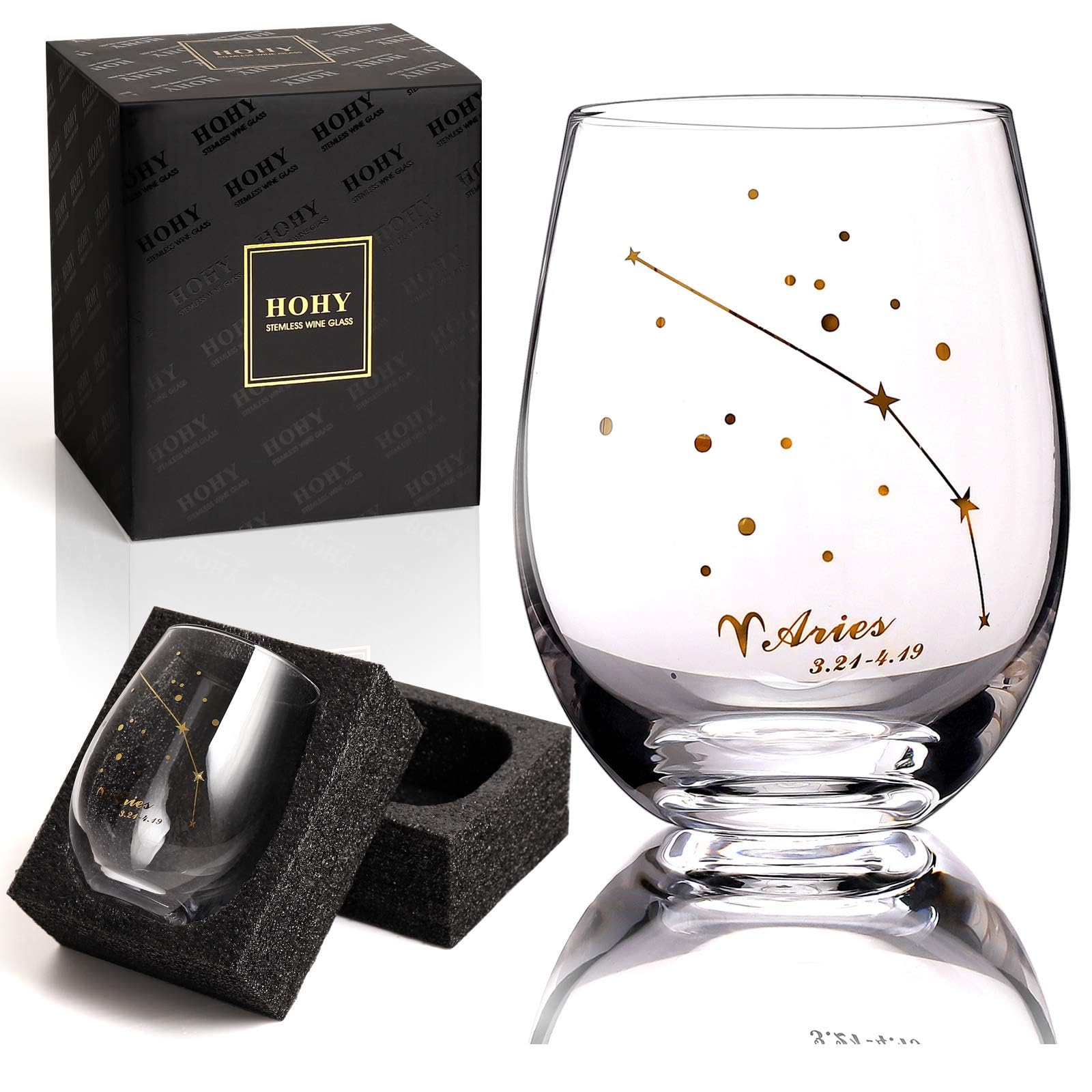 Aries Stemless Wine Glass 20 Oz, Aries Birthday Gifts for Women Men, Zodiac Aries Tumbler Gifts for Pisces Women, Aries Cup Golden Gift, Constellation Tumbler Wine Glass, Astrology Gifts for Women Men
