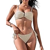 ZAFUL Women's U Wired Bikini Set Textured Bandeau Swimwear Tie Side High Cut Swimsuit Sexy 2 Piece Bathing Suit