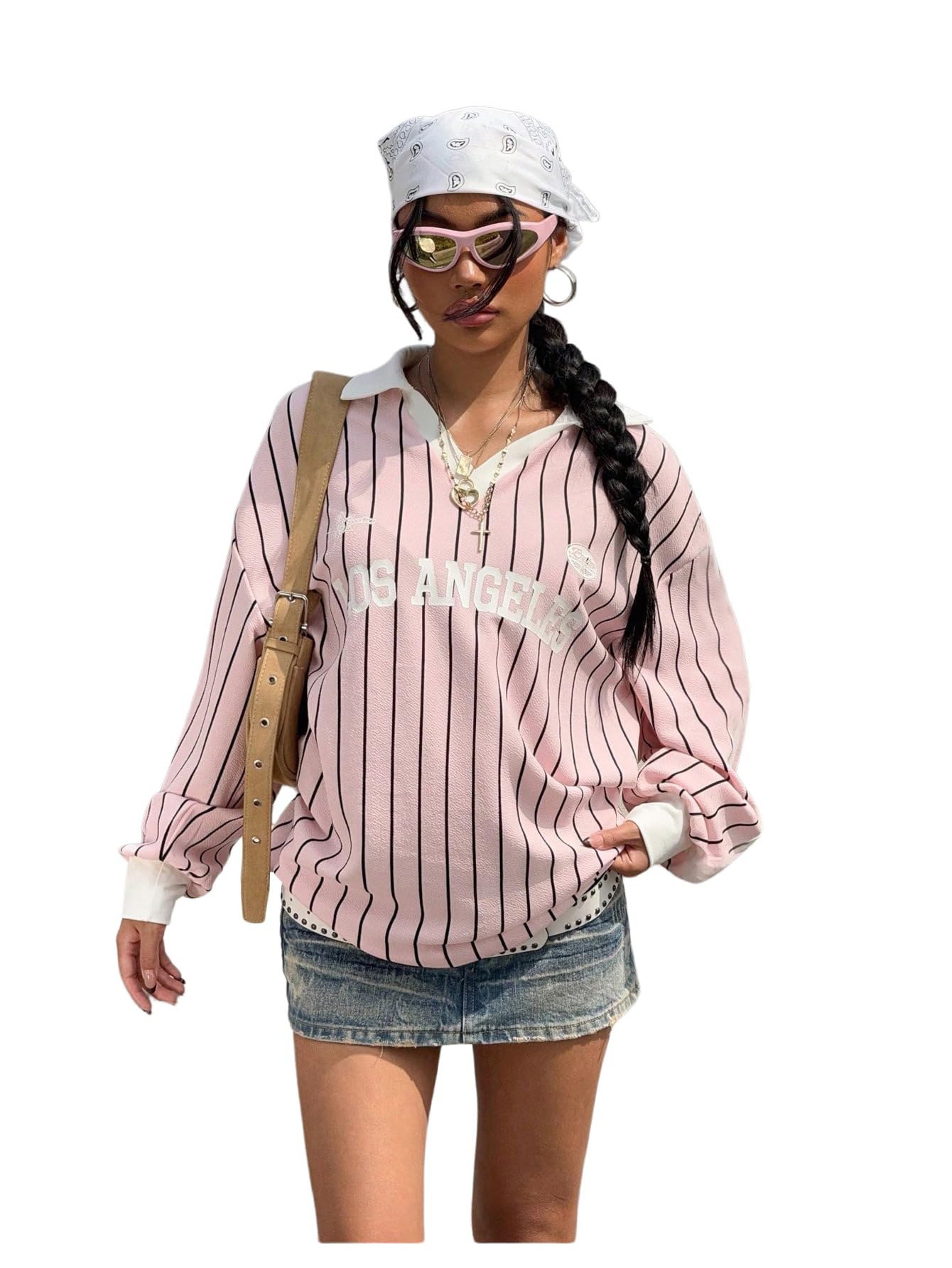 SOLY HUX Women's Oversized Tees Striped Letter