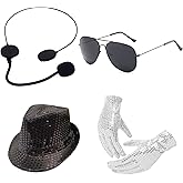 LGFKJNNJ Pop Star Costume Accessory Set, Black and White Sequin Hat, Sunglasses Microphone Gloves, Adult Unisex Halloween Singer Performance Outfit