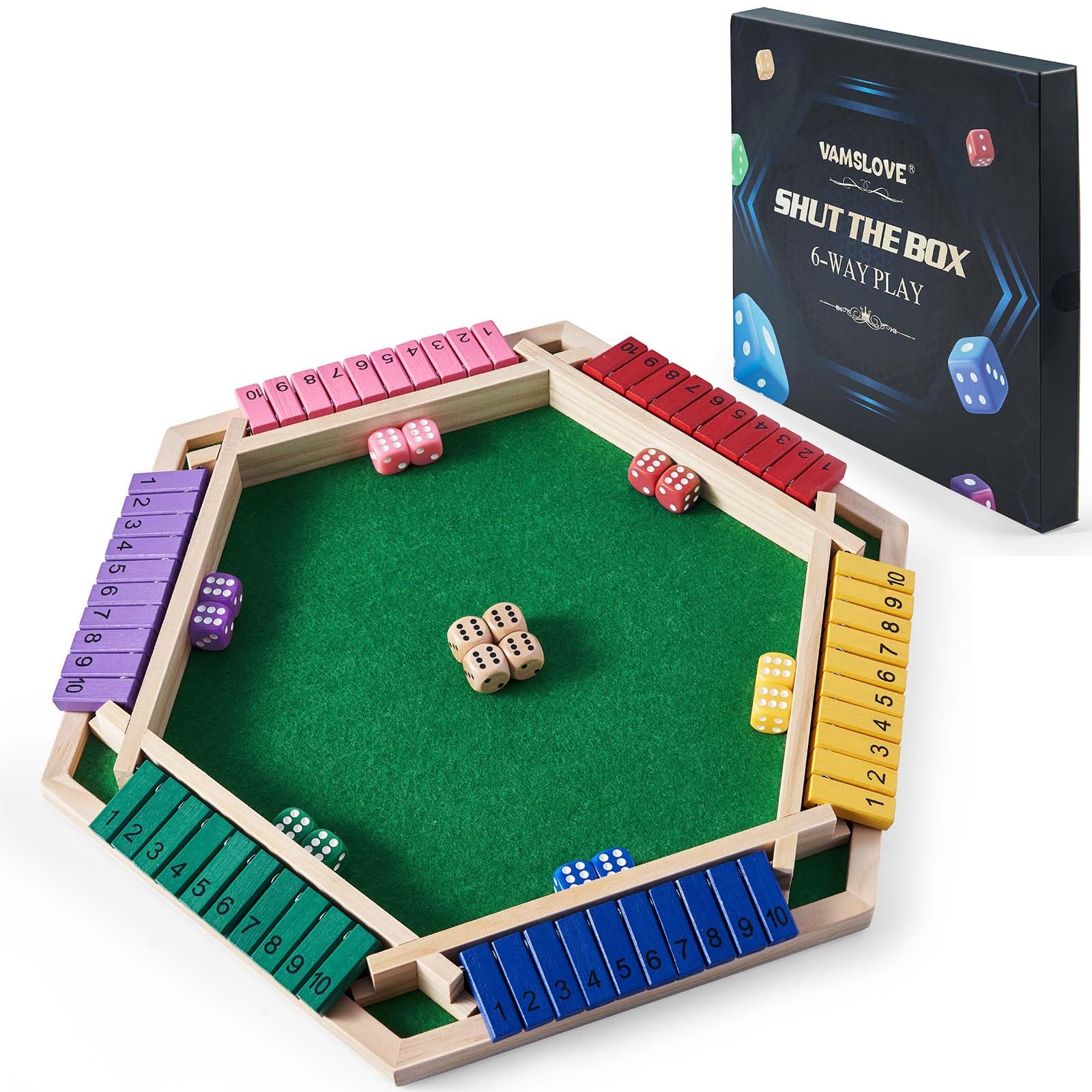 Photo 1 of Vamslove Shut The Box Game for 6 Player with 12+4 Dice - Colorful 6 Sided Wooden Board Math Number Games for Kids Adults Families Party Club (Instructions Included)