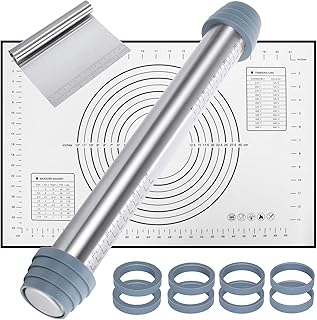 Gifort Nudelholz aus Edelstahl, Teigrolle inkl. 4 abnehmbare Scheiben & Non-Stick Silikon Backmatte, Teigroller mit Teigschaber für Torten/Kuchen/Baken/Kekse/Fondant/Pizza
