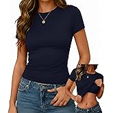 Evervibe Women Built-in Bra Short Sleeve Shirts Crewneck T-Shirt Slim Fit Going Out Tops Casual Summer Basic Tees
