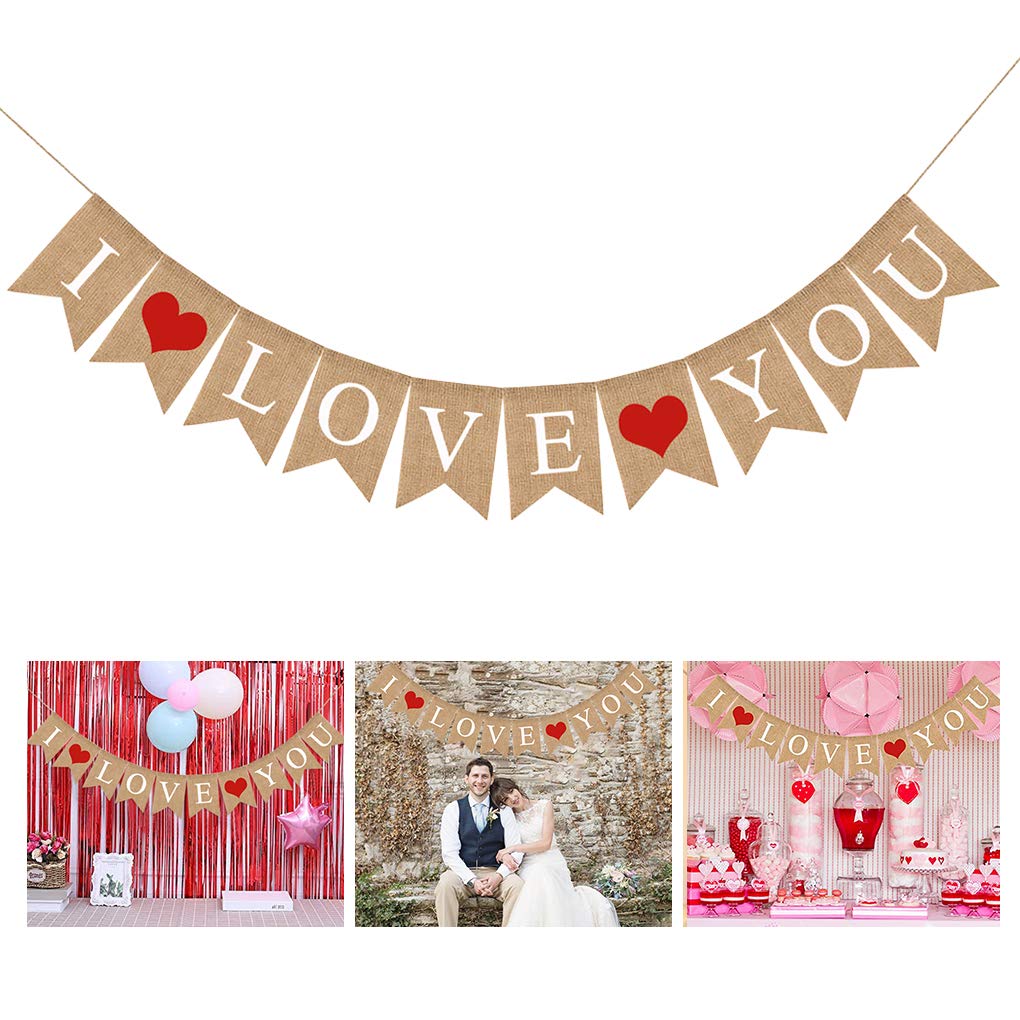 Linen I LOVE YOU Bunting Fabric Valentine's Day Banner Large Hanging Garland Birthday Party Decoration with 10Flag 9.2 Feet Burlap Vintage Chic Pennant Home Baby Shower Ceremonies Decor Flag