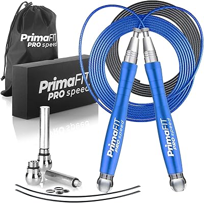 PrimaFIT Springseil Erwachsene Fitness Pro Speed Jump Rope 3m Seilspringen Verstellbar Mit Gewichten, 2 Kugellager & Anti-Rutsch Griffe, Profi Skipping Für Boxen, MMA, Crossfit, Extra Stahlseil,Tasche