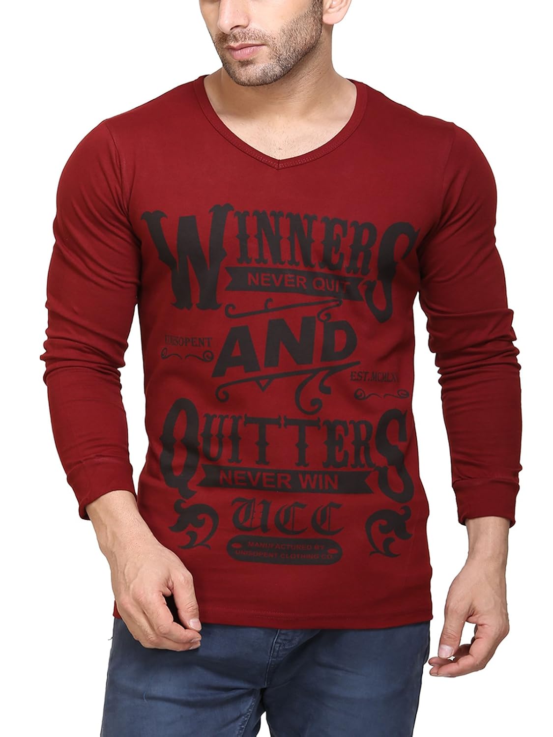 unisopent men's v neck full sleeves printed cotton t-shirt