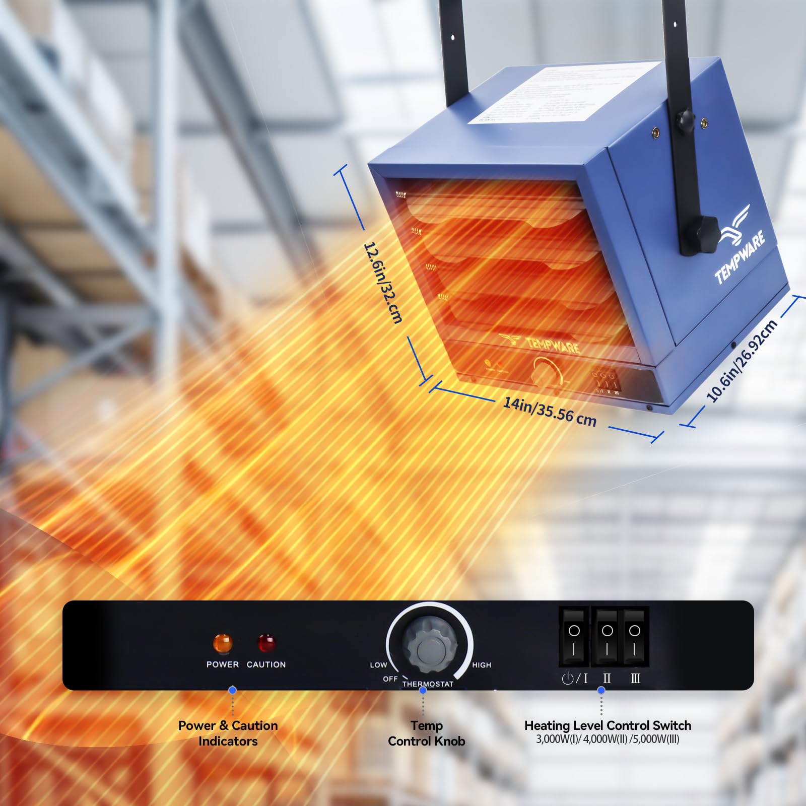 TEMPWARE Electric Garage Heater, 5000-Watt Ceiling Mount Shop Heater with 3 Heat Levels, 240-Volt Hardwired Fan-Forced, Ideal for Workshop