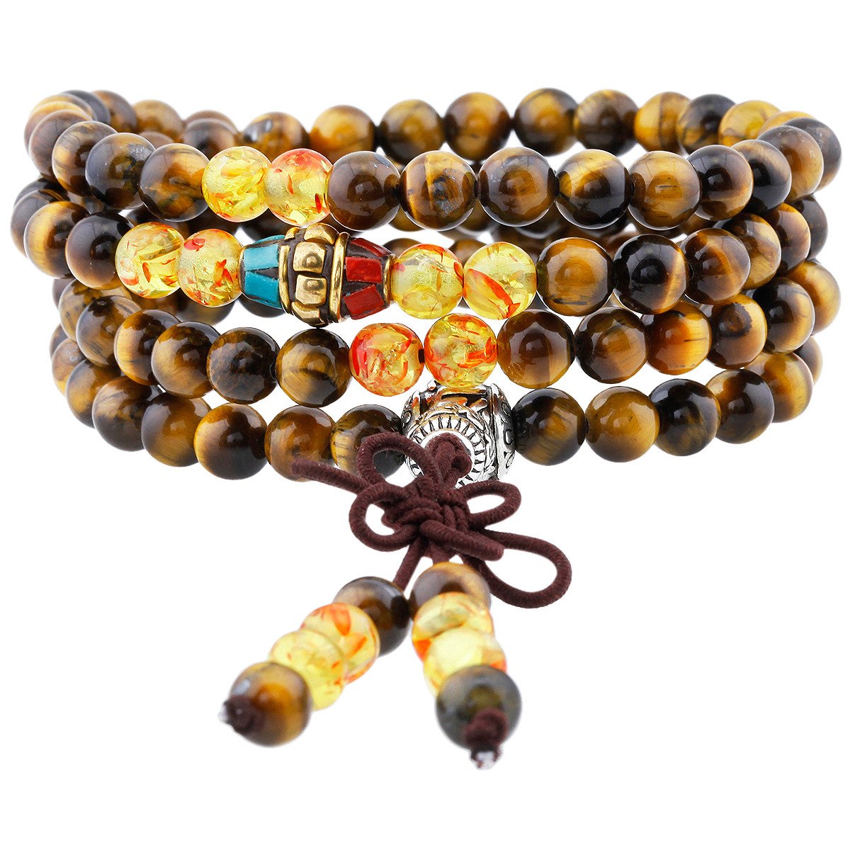 KYEYGWO 108 Prayer Mala Beads Wrap Wrist Bracelet for Women & Men, Tibetan Buddhist Meditation Stone Necklace for Unisex Elastic, Tiger Eye's Stone