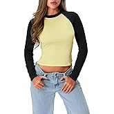 SSPalu Womens Long Sleeve Color Block Cropped Tops Crewneck Tight Fitted Stretchy Y2K T Shirts Trendy Clothes