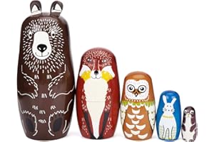 MCPINKY 5PCS Nesting Dolls for Kids, Animal Stacking Wooden Handmade Matryoshka Dolls for Birthday Christmas Party Favors