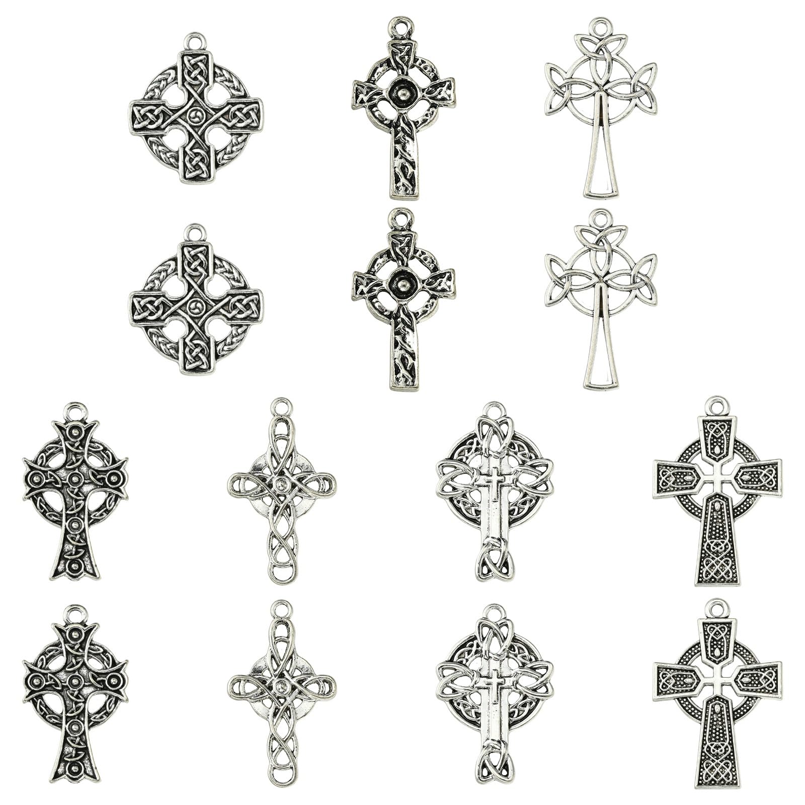 Stiesy 35Pcs 7 Styles Tibetan Cross Knot Charms Antique Silver Celtic Knot Charm Pendant Vintage Religious Witches Knot Charms for Jewelry Making DIY Lucky Crafts