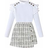 Coaturi Girl Fall Clothes Sets: 2 Piece Fall Winter Outfit Long Sleeve Ruffle Top Mini Plaid Skirt for Tween Girl 8-12 Years
