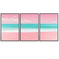 SIGNWIN 3 Piece Framed Canvas Wall Art Pink Seascape Canvas Prints Home Artwork Decoration for Living Room,Bedroom - 16