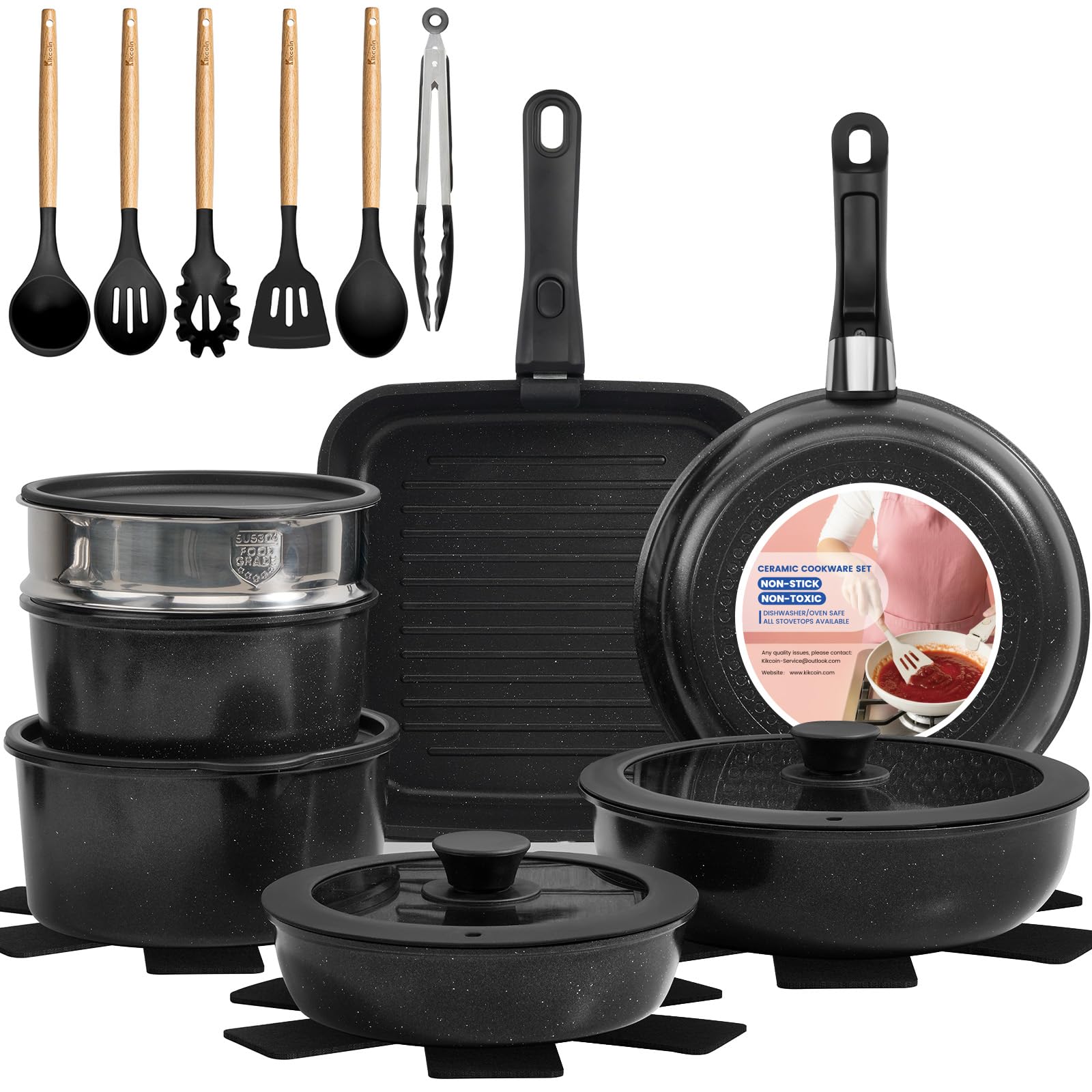 Photo 1 of **FACTORY SEALED** KIKCOIN Ceramic Nonstick Pots and Pans Set - Cookware Set with Detachable Handle - 25 Pack Stackable Cooking Set for RV Kitchen, with Frying Pans, Steamer - Induction/Dishwasher/Oven Safe, PFOA Free
