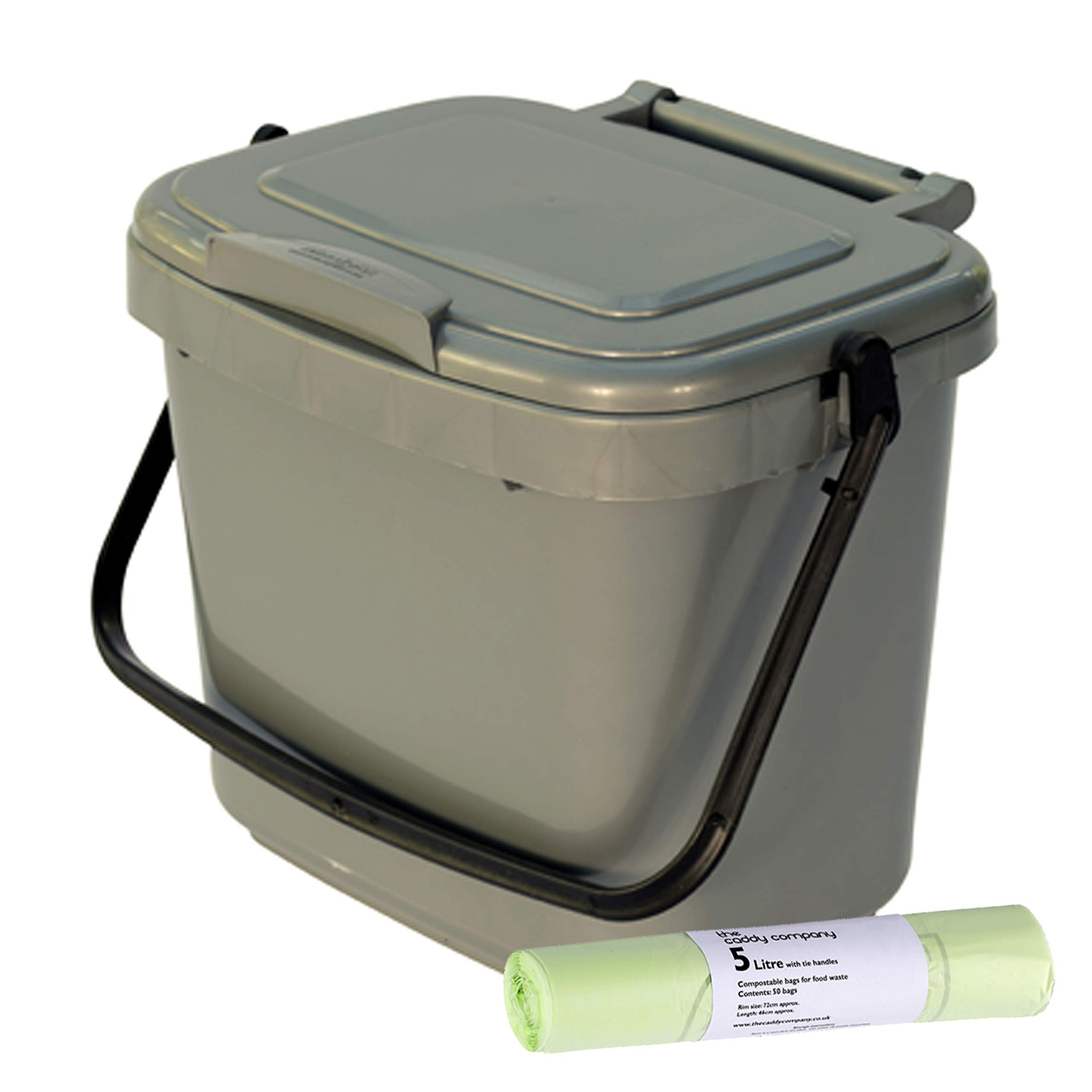 5 Litre Plastic Kitchen Compost Caddy with 50x Tie handle bags, Silver/Grey
