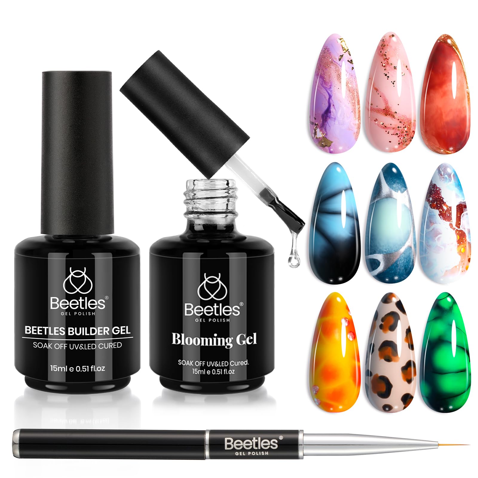 Beetles Builder Gel Nail and Blooming Gel Set- Nail Art Polish for Spreading Effect Marble Stone Builder Extension Nail Gel, Soak Off LED Nail Lamp Gel DIY Manicure Gifts for Women, 2 Pcs 15ml - Image 8