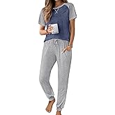 Ekouaer Womens Jogger Pajamas Sets 2 Piece Raglan Short Sleeve Pjs Lounge Set Soft Sleepwear with Pockets S-XXL