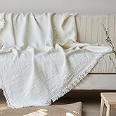 Simple&Opulence 100% Linen Throw Blanket 55x75 inches, Farmhouse Boho Tassel Blanket for Couch, Bed, Sofa, Breathable Natural Cozy Décor, White ﻿