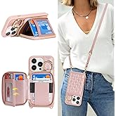 Hamany Crossbody Wallet Case for iPhone 14 Pro, PU Leather Zipper Handbag Purse Flip Cover, Kickstand Folio Case with Card Slots Holder Wrist Strap Lanyard 5G 6.1 Inch-Rose Gold