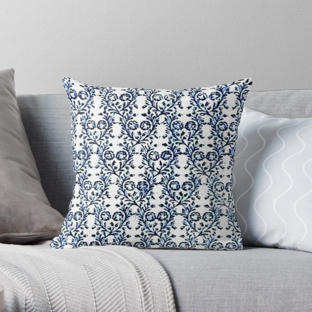 Blue And Throw Vintage Flowers Navy White Geometric Square