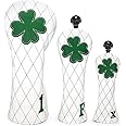 Golf Headcovers Golf Driver Fairway Hybrid Head Cover Golf Blade Mallet Putter Cover Lucky Clover Cross Pattern Premium Leather Driver Fairway(FW) Wood Hybrid(UT) with Number Tags