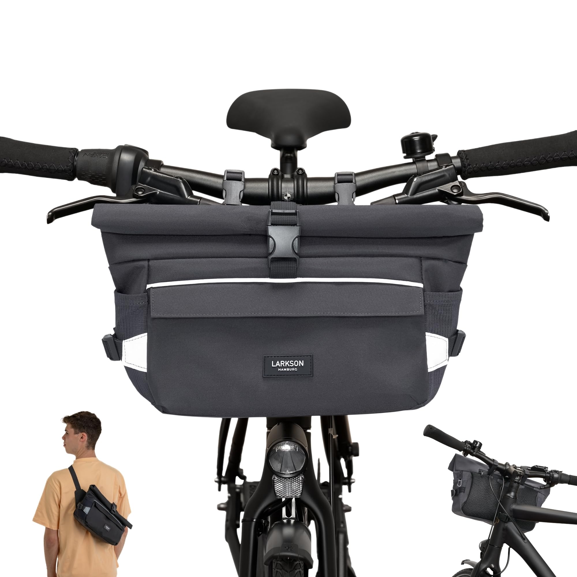 LARKSON Handlebar Bag Grey - Lasse - 2 in 1 Bike Bag & Shoulder Bag - Bikepacking Bags for Handlebars Front with Reflection - Water Repellent