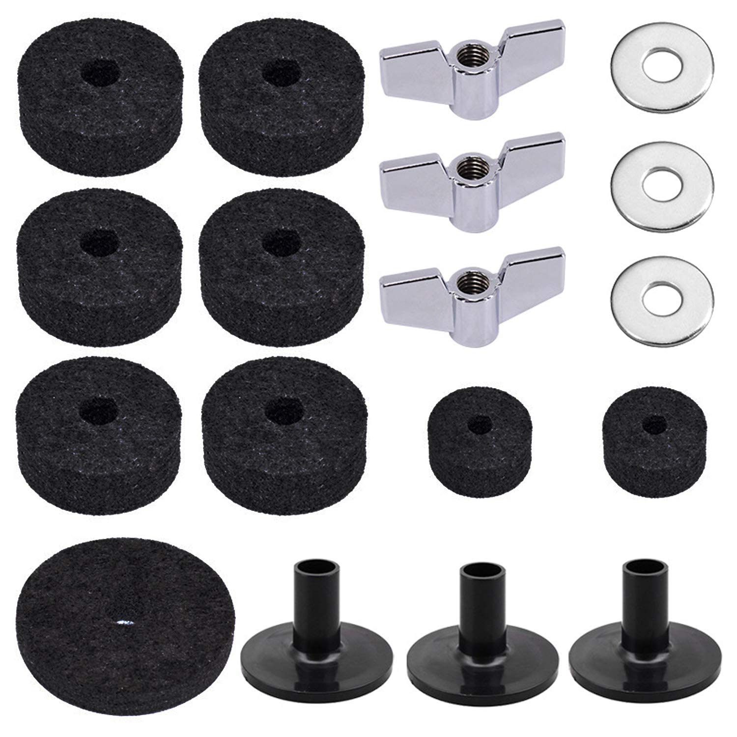 Cettkowns 18-Pack Cymbal Replacement Accessory Kit - Cymbal felts, Hi-Hat clutch felts, Sleeves, Hi-Hat cup with base, Wing nuts, and Washer - Black