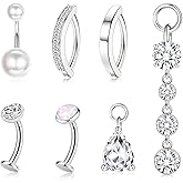 JeryWe 10-12mm Floating Belly Button Ring 𝐃𝐚𝐧𝐠𝐥𝐞 Hypoallergenic Surgical Stainless Steel belly rings for Women CZ Pearl Clicker Navel Piercing Jewelry Pack Navel Rings Body Jewelry