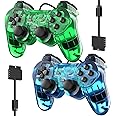 Degulan Wired Controller for PS2 Double Shock, 2 Pack Gamepad Remote Compatible with Play station 2 (Clear Green and Clear Blue)