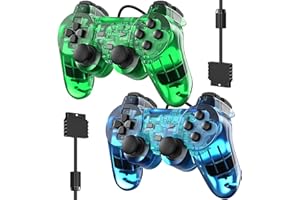Degulan Wired Controller for PS-2 High Performance Double Shock Gamepad Joystick Remote Compatible with Play 2 (Clear Green and Clear Blue)