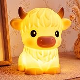 Mewaii Huggwaii Squishy Highland Cow Night Light for Kids, BPA-Free | 30-Min Timer, 3 Levels Dimmable, Rechargable Lamp, Soft Silicone, Nursery Decor, Toddler Nightlight, Gift for Girls &amp; Boys