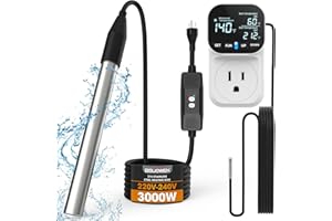 BSUOWEK 240V 3000W Fully Submersible Immersion Water Heater with Adjustable LCD Thermostat & GFCI, Portable Water Heater for Large Above Ground Inflatable Swim Pool, Hot Tub, Bathtub, Camping, Bucket, Shower