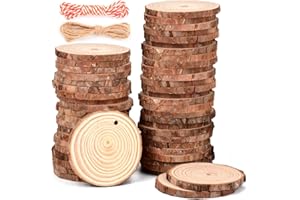 PHILORN Wood Circles 50 Pcs 2.4-2.8 Inches Wooden Discs Wood Circles for Crafts Unfinished Predrilled Tree Slices with Bark for Ornaments Arts DIY Wood Slices for Crafts with Hole and 2 Ropes