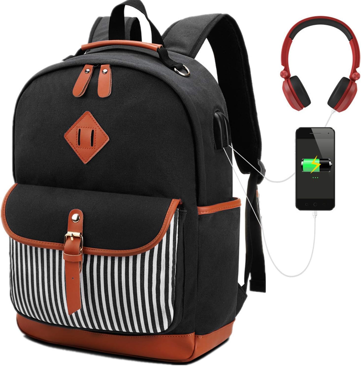 Canvas Student Backpack Laptop USB Backpack High School Rucksack Girls Bags for College Students Bookbag with Computer Compartment Black