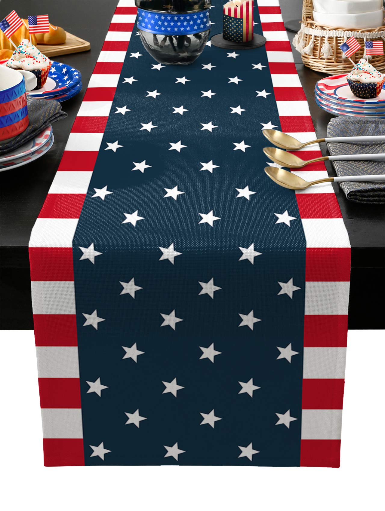 Independence Day 4th of July Table Runner Dresser Scarves,Linen Burlap Table Runners Cloth for Dinner Holiday Party, Kitchen Decor Patriotic American Flag 13x108inch