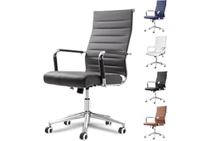 LEPDEP Okeysen Grey Office Desk Chair, Ergonomic Leather Modern Conference Room Chairs, Executive Ribbed Height Adjustable Swivel Rolling Chair for Home Office.