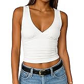 ForeFair Womens Deep V Neck Crop Tank Tops Going Out Double Lined Sexy Crop Top Sleeveless Slim Fit Y2k Summer Tops