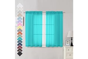 OVZME Turquoise Sheer Curtains 45 Inches Long 2 Panels, Light Filtering Sheer Panels for Kitchen, Elegant Airy Transparent Draperies for Living Room Nursery Room, Dual Rod Pocket, Each 42Wx45L