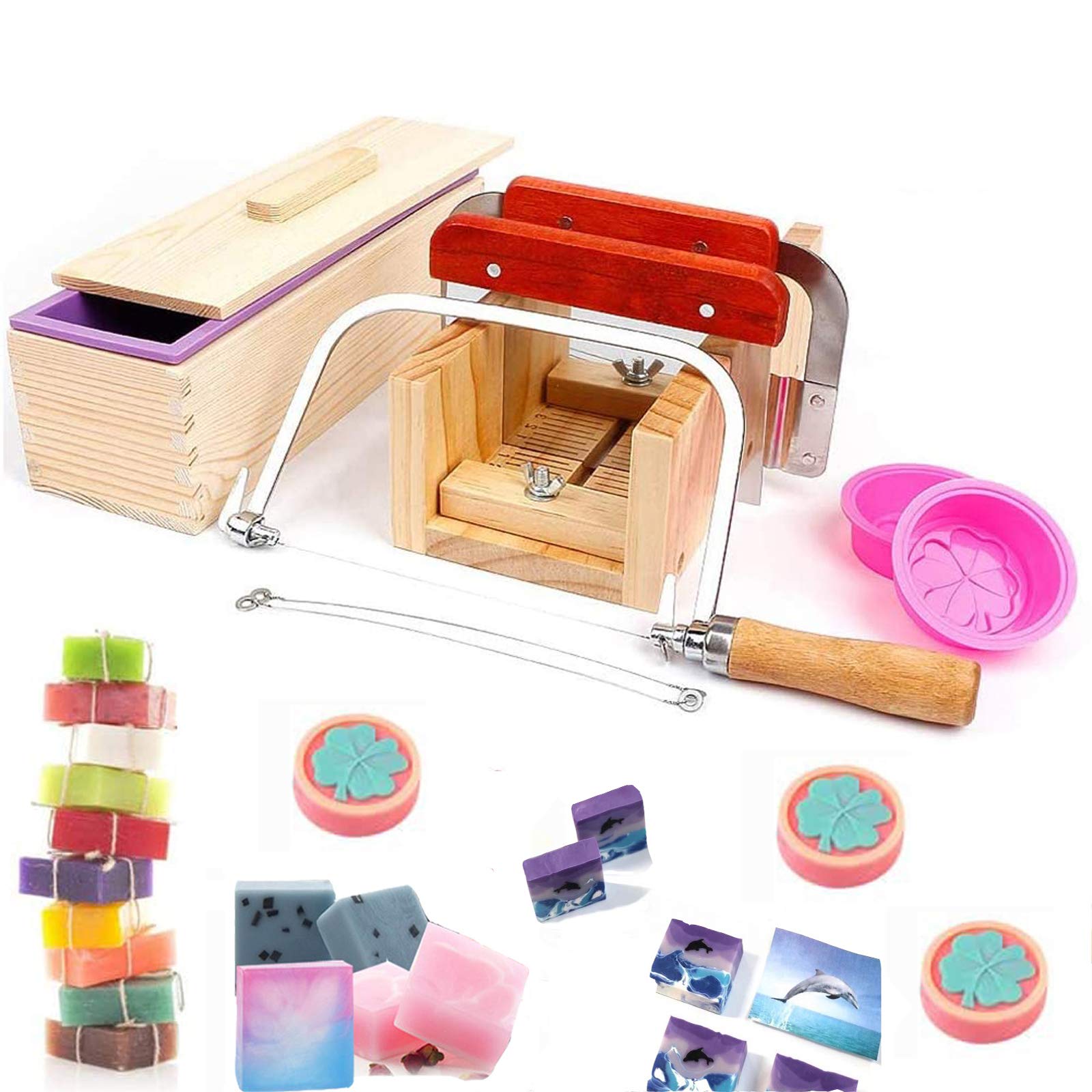 Hard Pine Adjustable Wood Soap Cutter Slicer Box Set - Art Craft Soap Making Loaf Mold Wire Cutter with Handmade Silicone Soap Loaf Mould and 3 Pcs Straight Soap Cutter Supplies #1