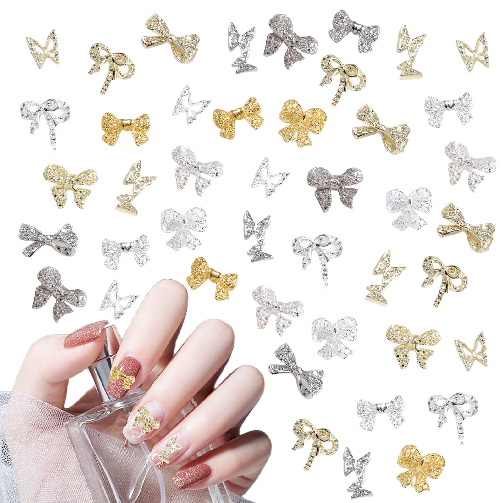 3D Bow Nail Charms, 80 Pcs Gold Silver Metal Nail Art Bow Gems Cute Hollow Butterfly Nail Art Charms Luxury Nail Jewelry Nail Art Decorations for Nail Design DIY Crafts (Bow)