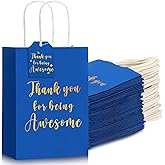 Fulmoon 48 Pcs Thank You Gift Bags with Handles 5.9 x 3.15 x 8.27 Inch Black Kraft Paper Sacks with 50 Gift Tags Thank You for Being Awesome Goodie Bags for Christmas, Business(Blue)