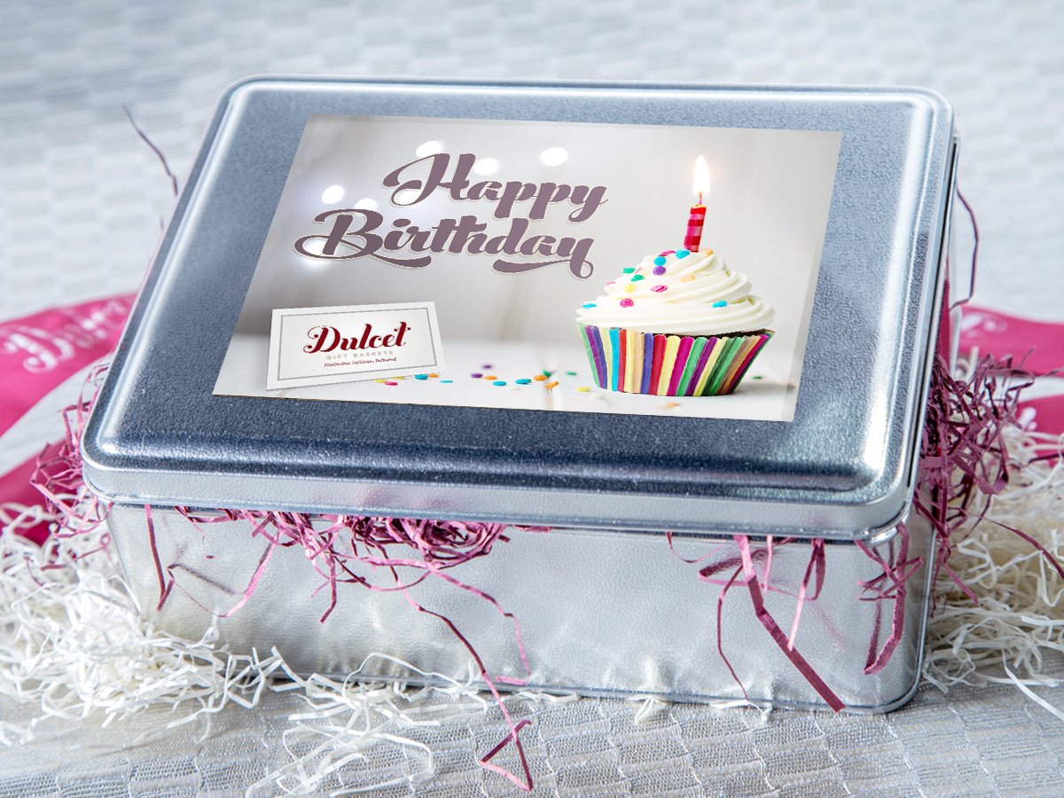 Old Fashioned Bakery Cookie and Crumb Cake Happy Birthday Gourmet Tin, Gift Basket Includes Chocolate Chip Cookies, Butter Rugelach, Chocolate Crumb Cake , By Dulcet Gift Baskets,