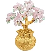 Rockcloud Crystal Money Tree with Golden Money Bag, Feng Shui Cabinet Decoration for Wealth and Luck Bonsai Home Office Ornament, Rose Quartz
