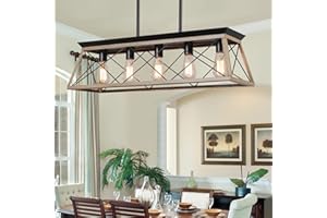 XIPUDA Farmhouse Chandeliers for Dining Room, Rustic Kitchen Island Light Fixture, 5-Light Linear Pendant Lighting Rectangular Chandelier, Metal Solid Ceiling Lights