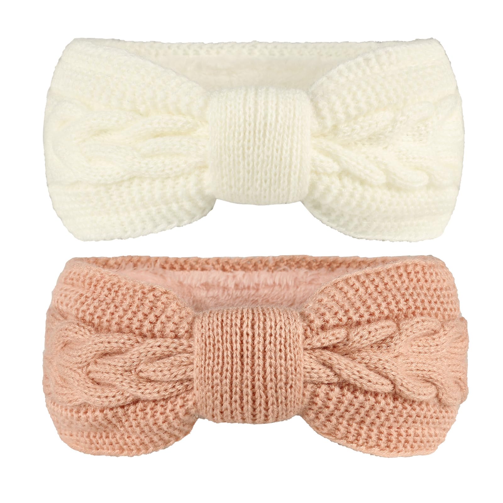 2PCS Women Fleece Lined Headbands Ear Warmers Knitted Thermal Hairband Elastic Winter Warm Cable Knit Hair Wrap (White+Pink)