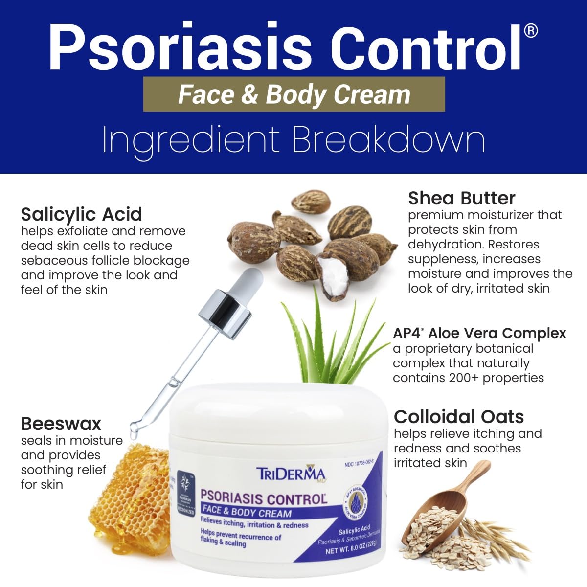 TriDerma Psoriasis Control Face & Body Cream - Maximum Strength 3% Salicylic Acid - Moisturizing Psoriasis Cream (No Cortisone, Fragrance or Parabens) - 8 Oz Jar