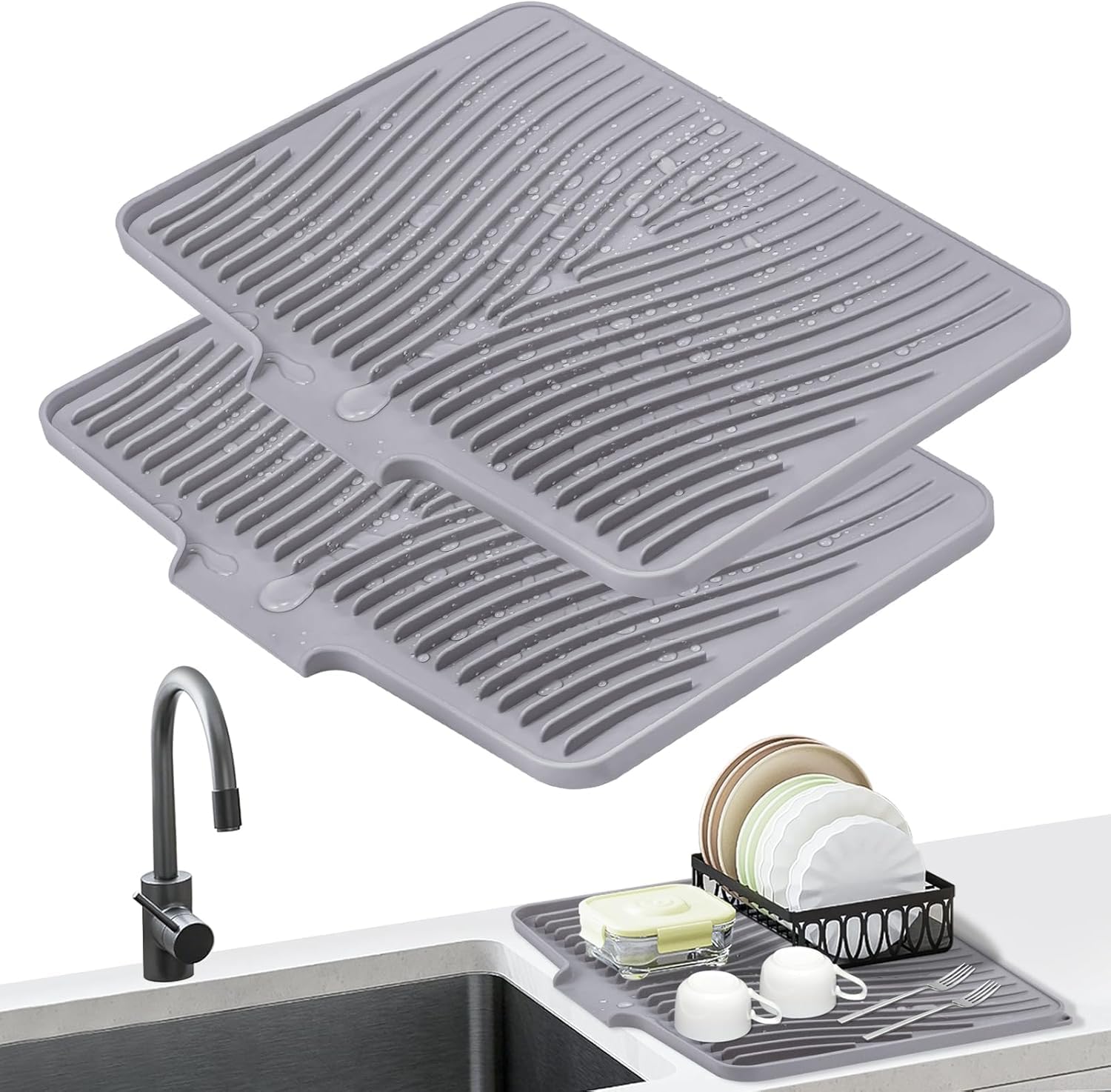 COPLIB Silicone Dish Drying Mat for Kitchen Counter, Dish Drying Pad, Non-Slip Drain Pad with Built-in Drain, Heat Resistant Stone Drying Mat,Grey, 2pcs-XL Image
