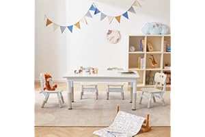 CuFun Kids Table and 4 Chairs Set, Children Study Desk, Dining Table, Height Adjustable Plastic Desk Painting Desktop Toddler Furniture for Boys and Girls