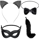 Sumind 4 Pieces Cat Costume Set, Long Fur Cat Tail Cosplay Set Halloween Fancy Dress Costume, Ears Headband Tail, Bow, Harlequin Mask for Valentine's Day Dress up Halloween Party