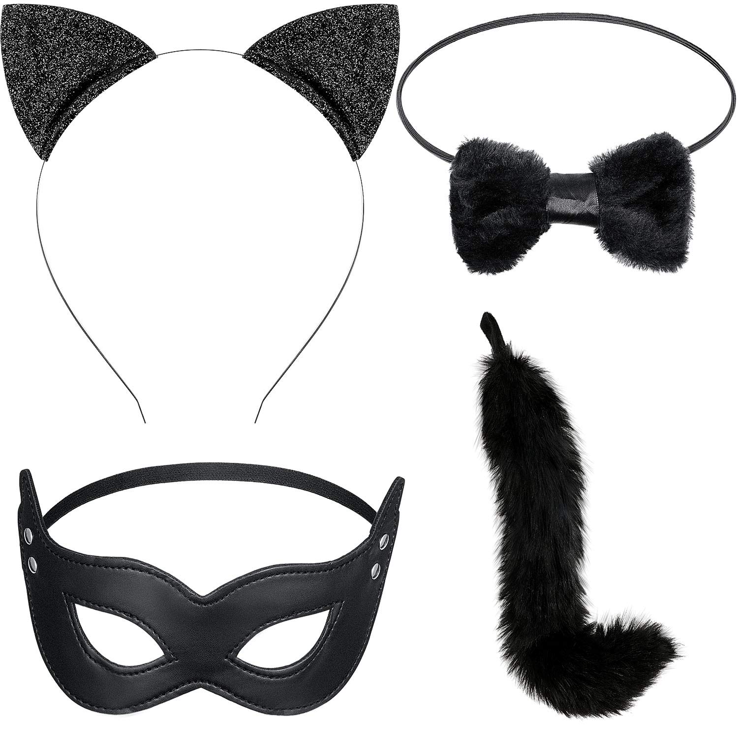 Sumind 4 Pieces Cat Costume Set, Long Fur Cat Tail Cosplay Set Halloween Fancy Dress Costume, Ears Headband Tail, Bow, Harlequin Mask for Valentine's Day Dress up Halloween Party